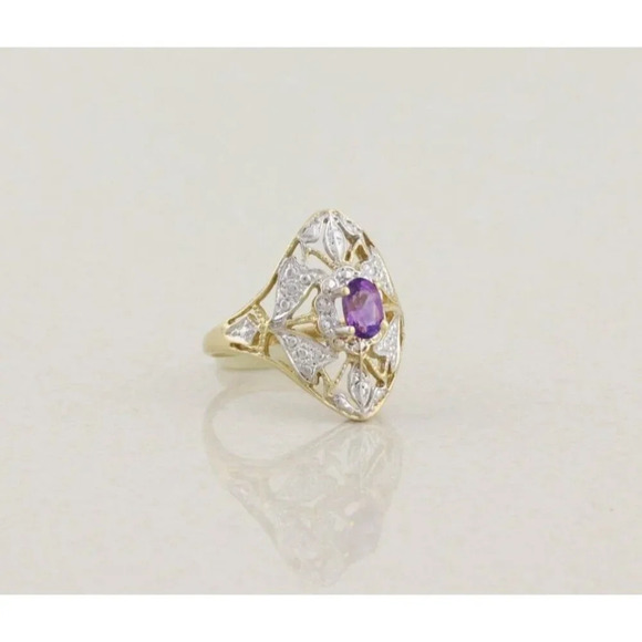 10k Yellow Gold and White Gold Natural Amethyst Ring Filigree Flower Size 7 - Picture 4 of 8